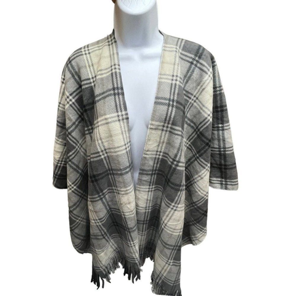 Estudio OS Reversible Plaid Shawl‎ Black Cape Transitional Staple Fringe Wrap